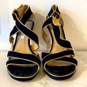 Diane Von Furstenburg heels, black suede w/ gold trim, ankle strap